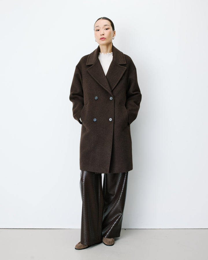 Long double-breasted coat chocolat Alois