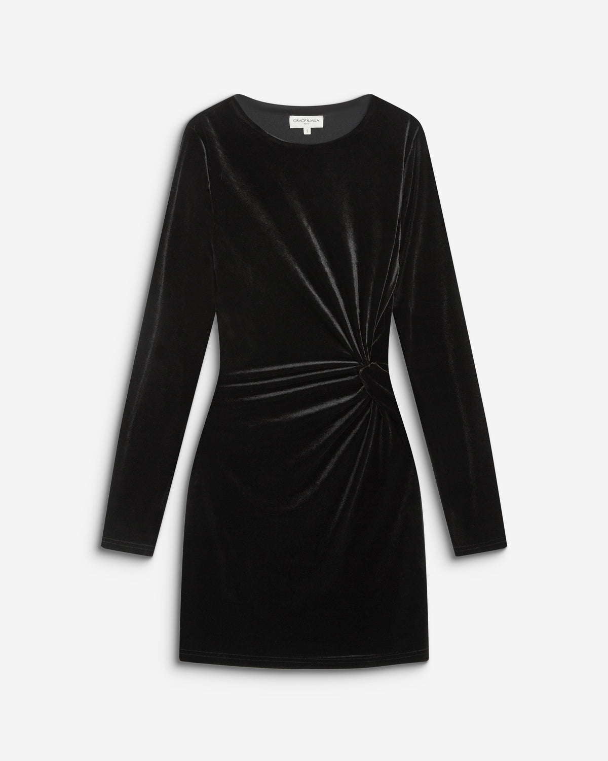 Robe courte velours drapée manches longues noir Beverly