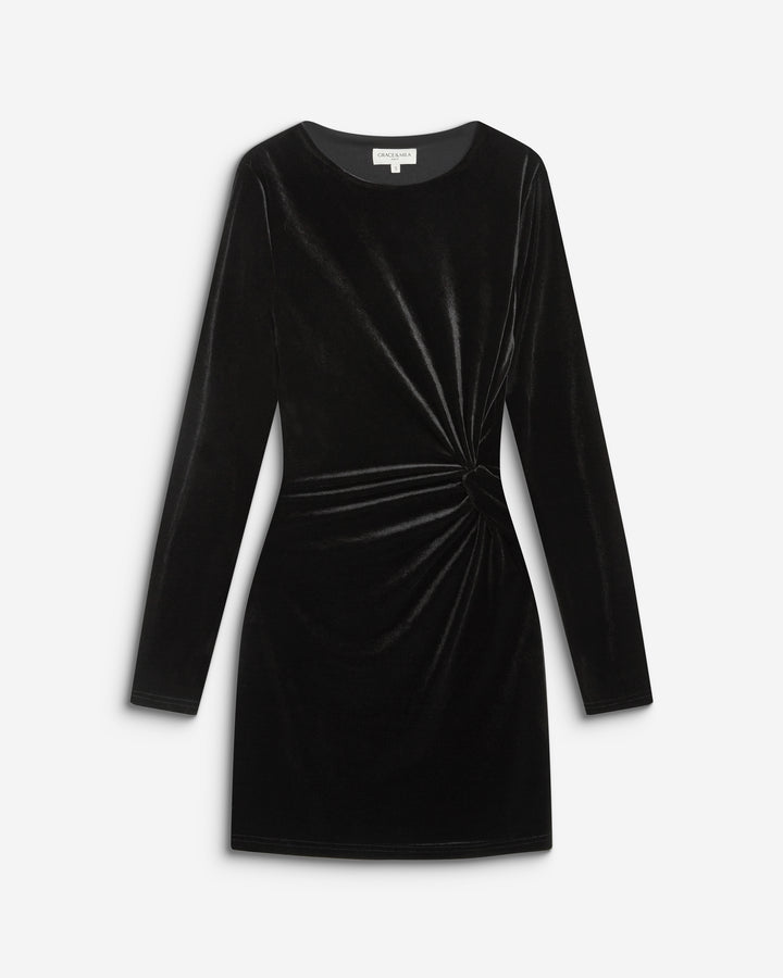 Robe courte velours drapée manches longues noir Beverly