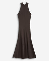 Robe longue évasée en satin sans manches chocolat Bella