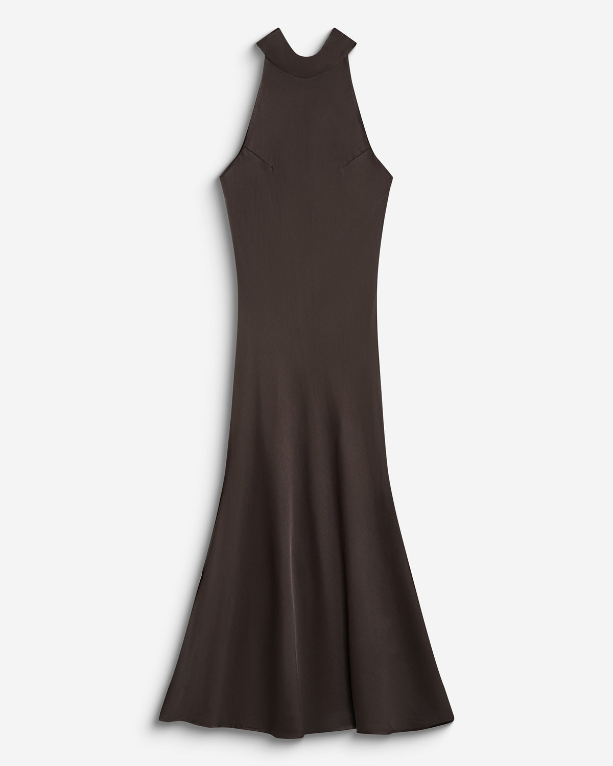 Robe longue évasée en satin sans manches chocolat Bella