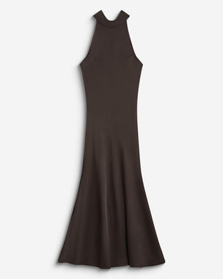 Robe longue évasée en satin sans manches chocolat Bella