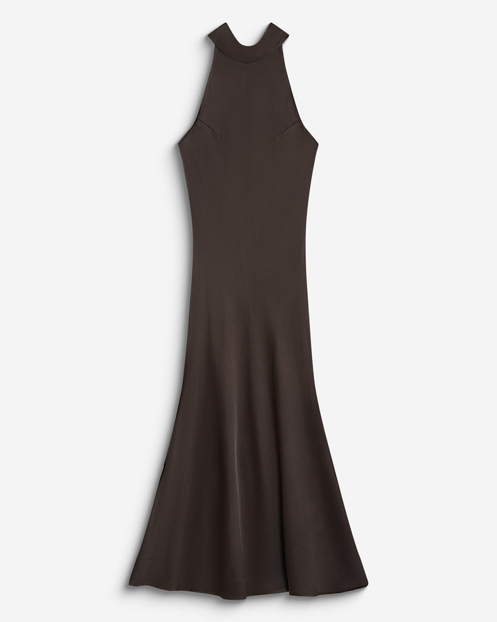 Robe longue évasée en satin sans manches chocolat Bella