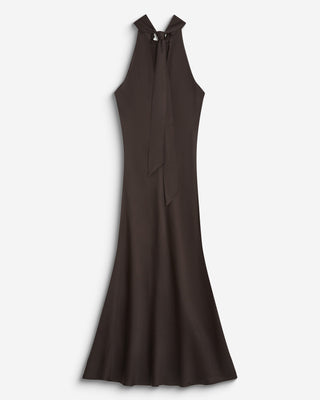 Robe longue évasée en satin sans manches chocolat Bella