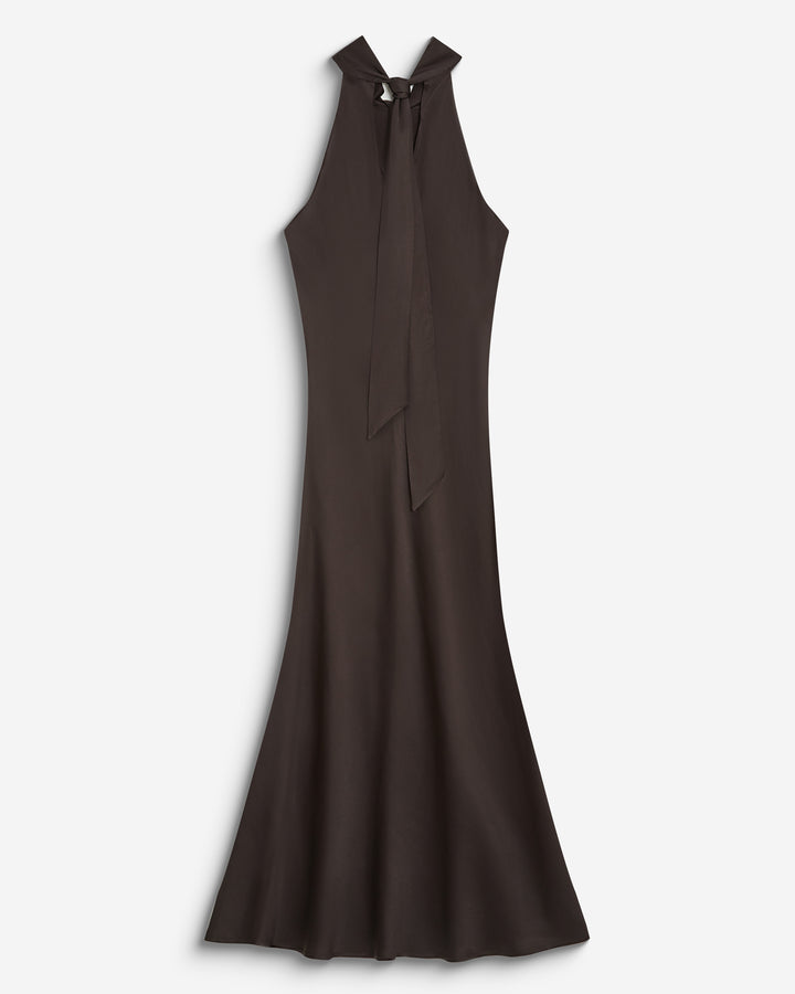 Robe longue évasée en satin sans manches chocolat Bella