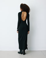 Robe longue ajustée dos nu à nœud devant noir Britney