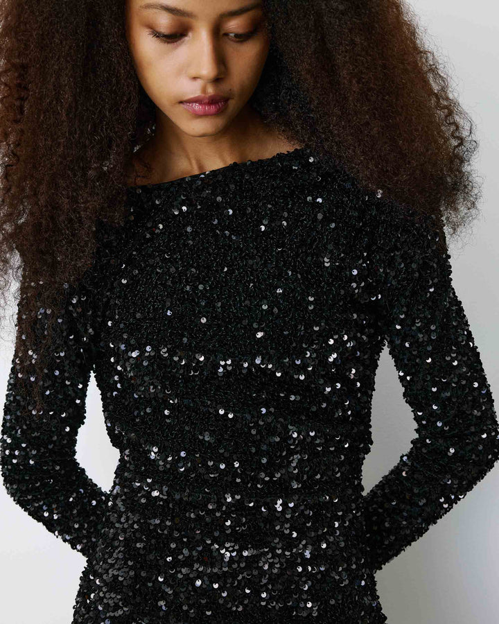 Robe fourreau courte à sequins dos nu noir Bahia