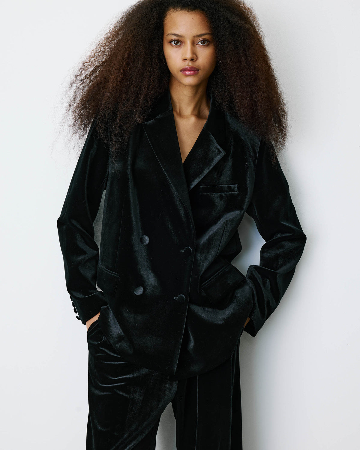 Blazer large en velours à double boutonnage noir Bradley