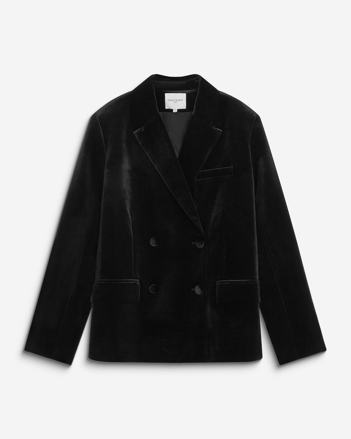 Blazer large en velours à double boutonnage noir Bradley