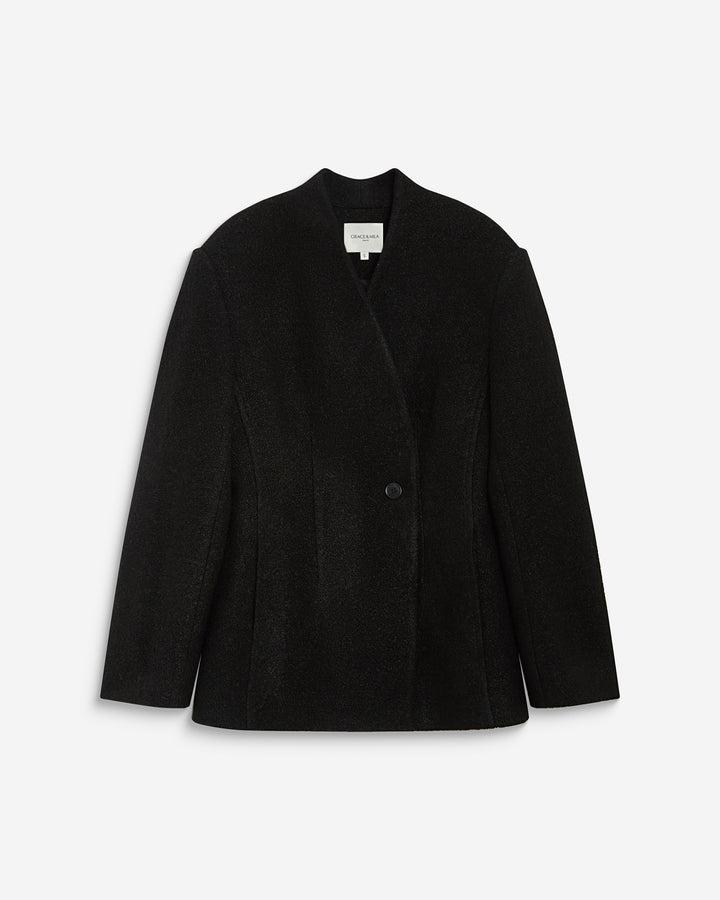 Blazer croisé en laine mélangée sans revers noir Berlin
