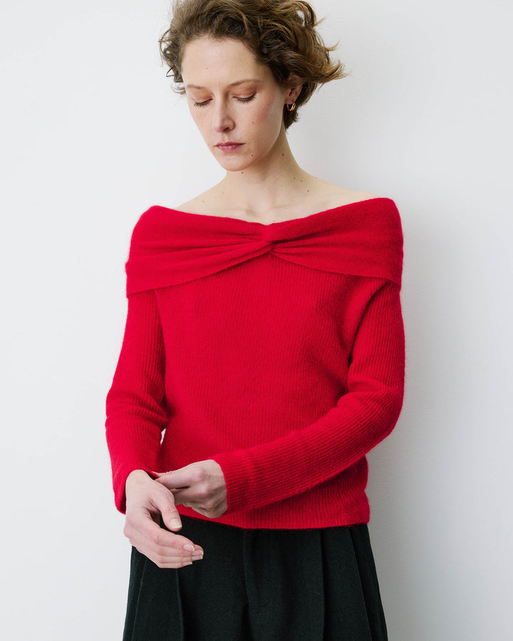 Pull à épaules dénudées manches longues rouge Bisou