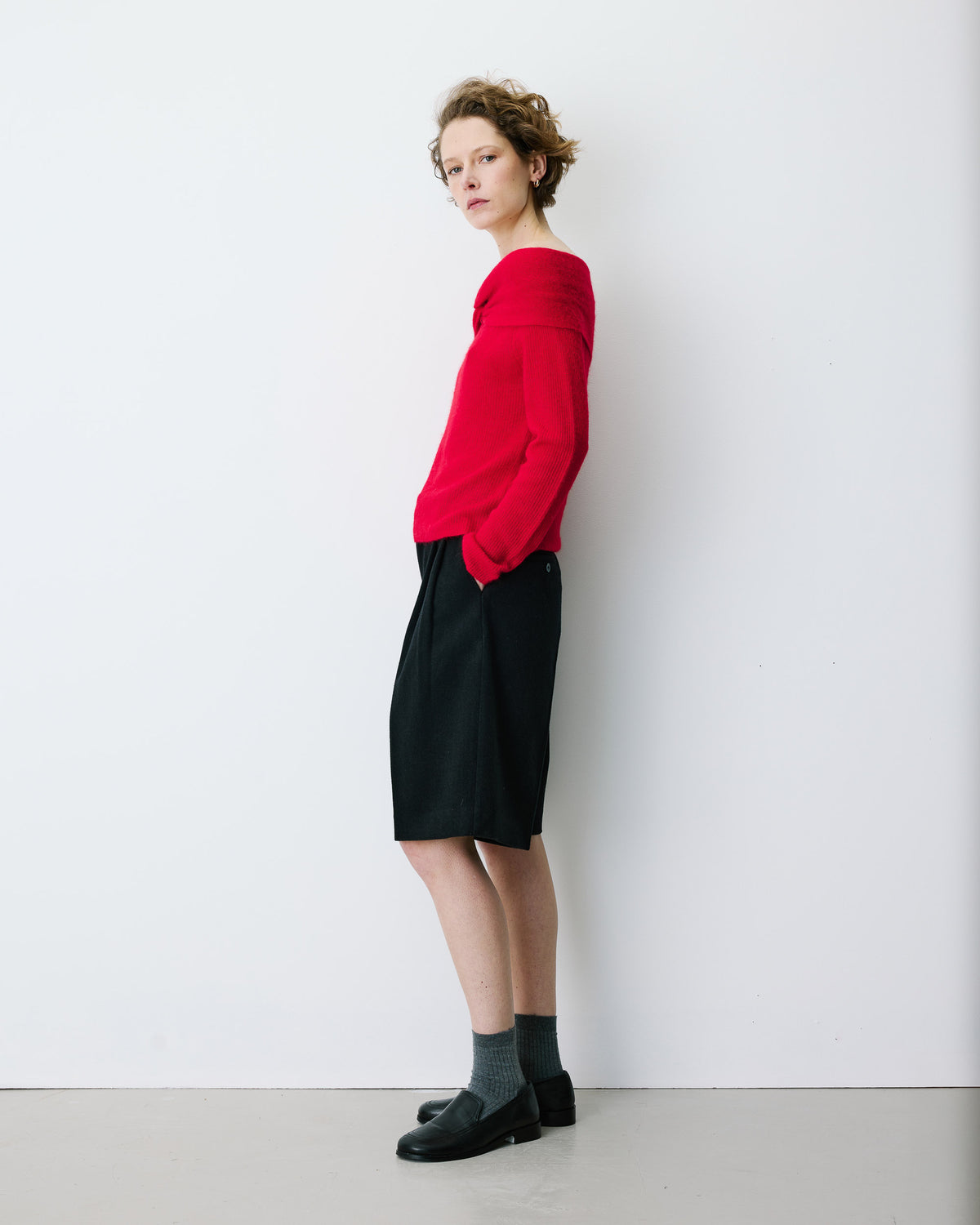 Pull à épaules dénudées manches longues rouge Bisou