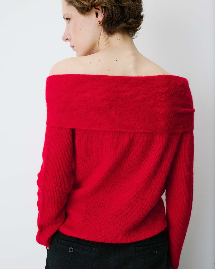 Pull à épaules dénudées manches longues rouge Bisou