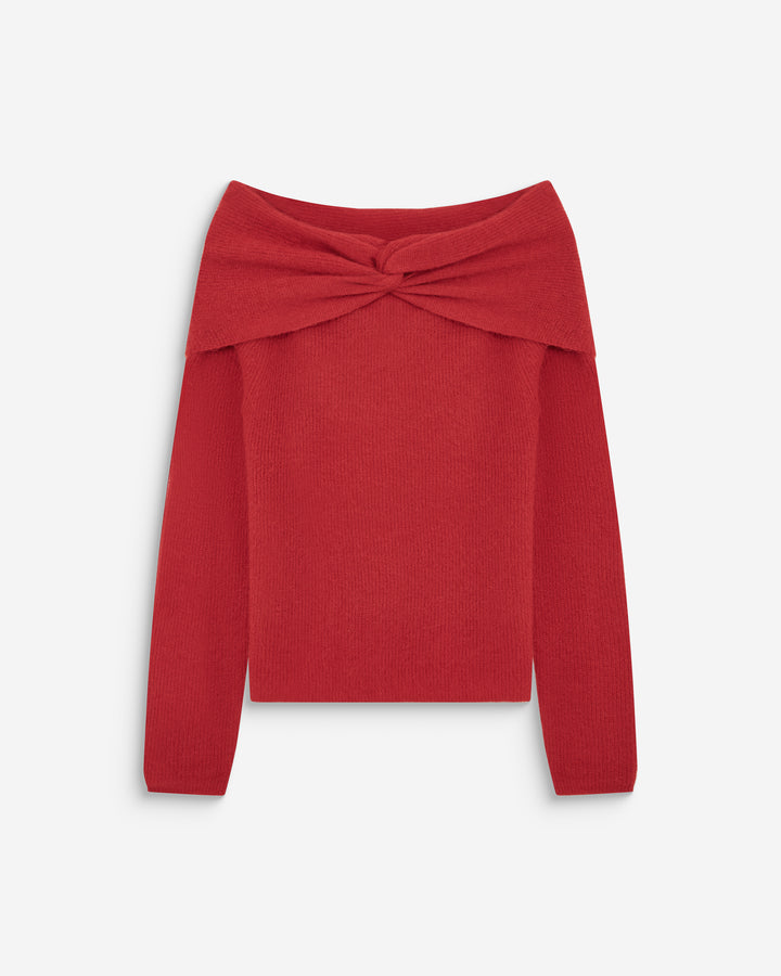Pull à épaules dénudées manches longues rouge Bisou