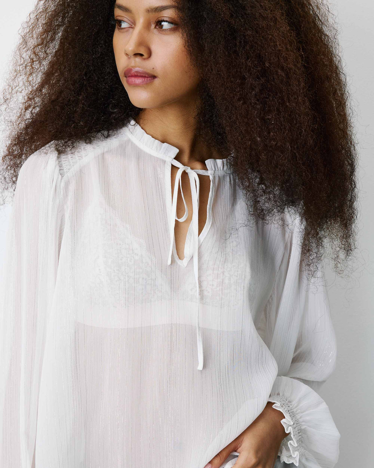 Blouse fluide transparente en mousseline lurex ecru Belinda