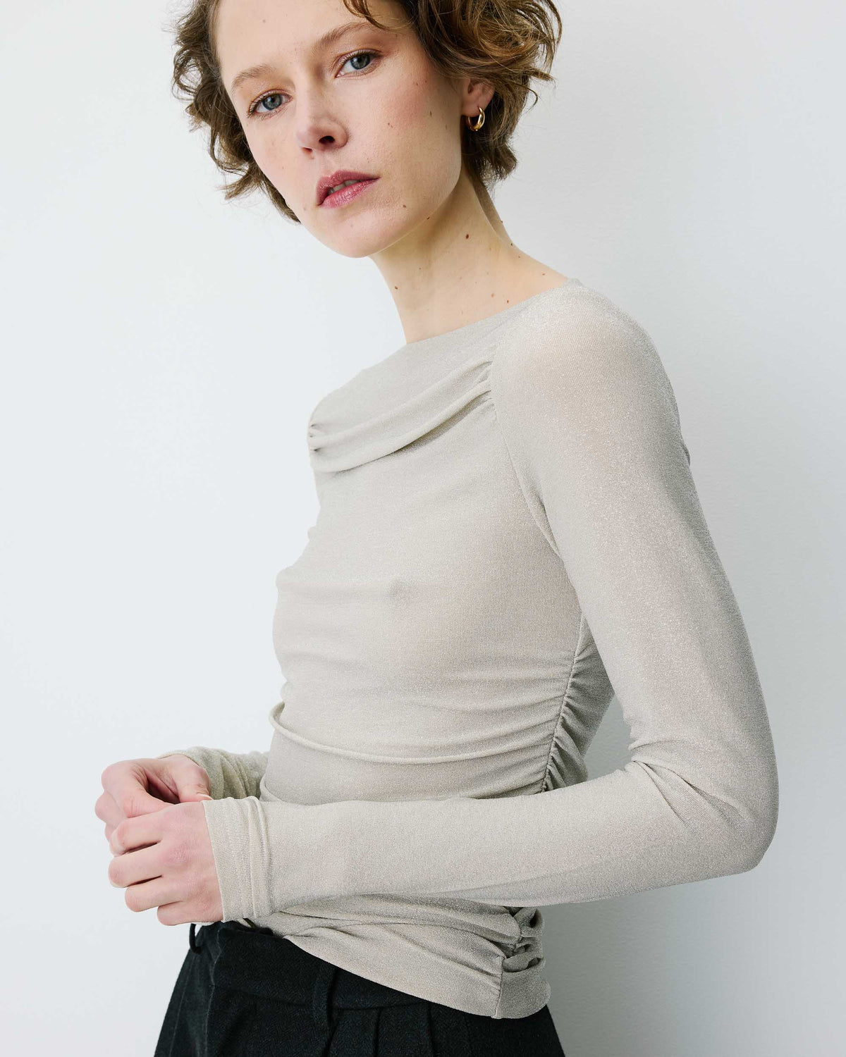 Top drapé ajusté en lurex manches longues gold Beaumont