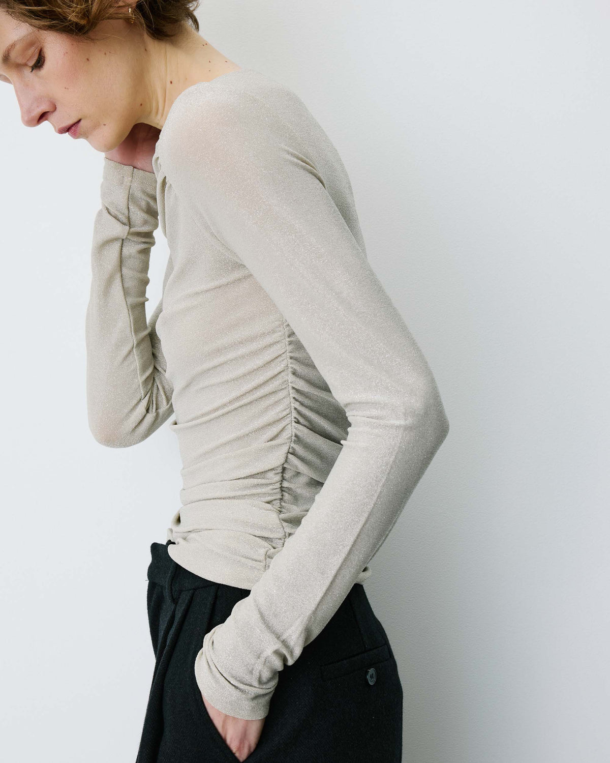Top drapé ajusté en lurex manches longues gold Beaumont