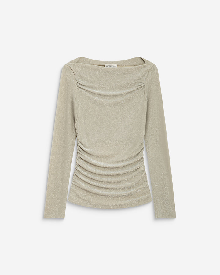 Top drapé ajusté en lurex manches longues gold Beaumont