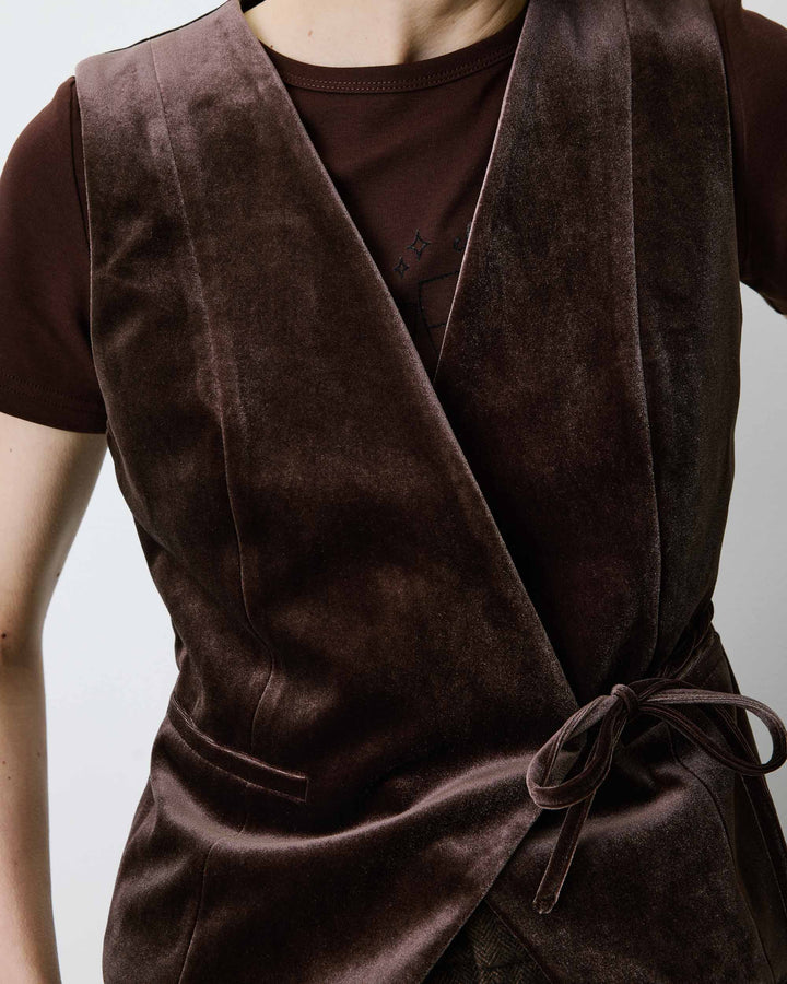 Gilet tailleur velours sans manches à nouer chocolat Benny