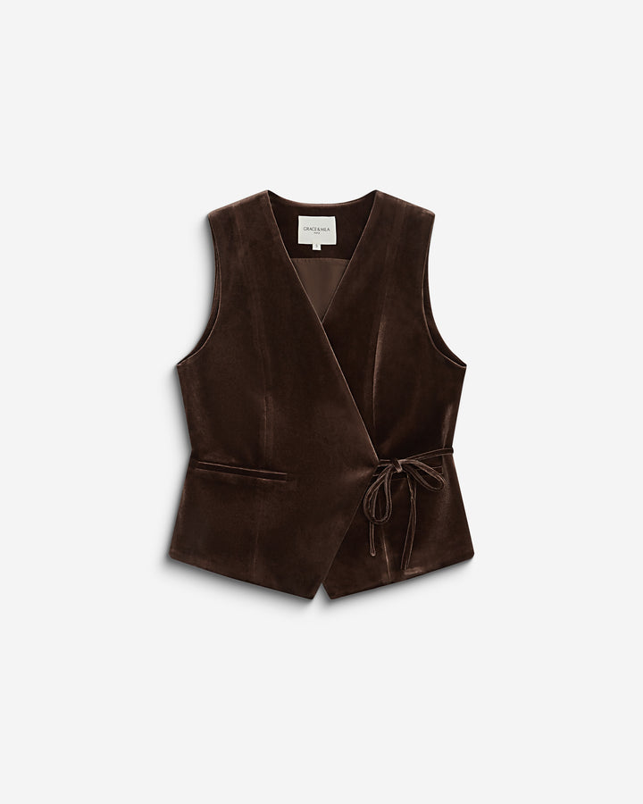 Gilet tailleur velours sans manches à nouer chocolat Benny