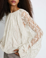 Blouse fluide en dentelle manches bouffantes ecru Beth