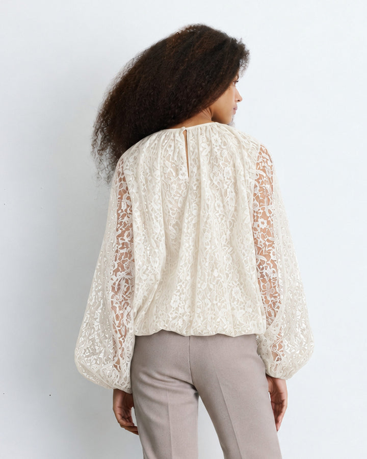 Blouse fluide en dentelle manches bouffantes ecru Beth