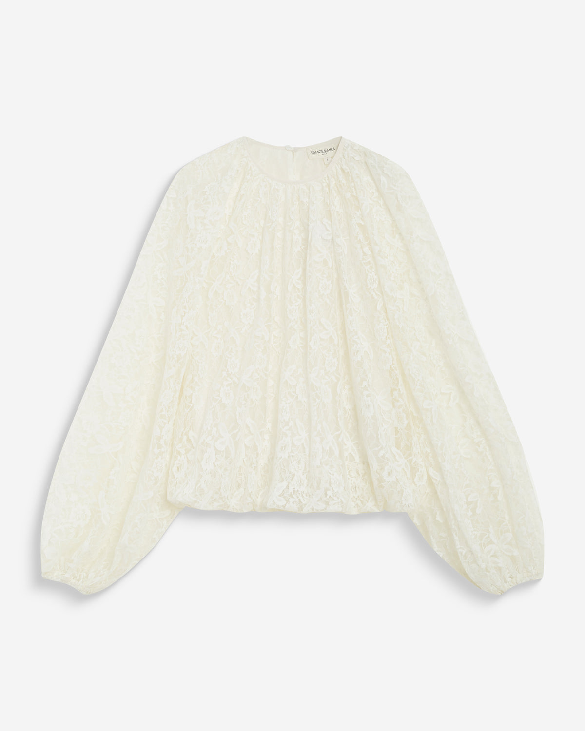 Blusa fluida de encaje con mangas abullonadas ecru Beth
