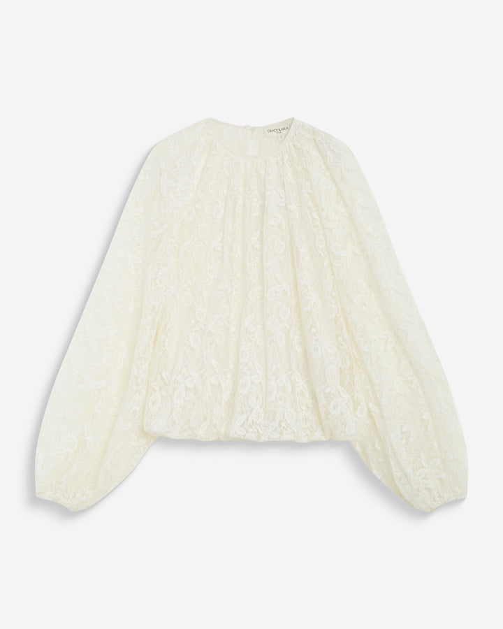 Blusa fluida de encaje con mangas abullonadas ecru Beth