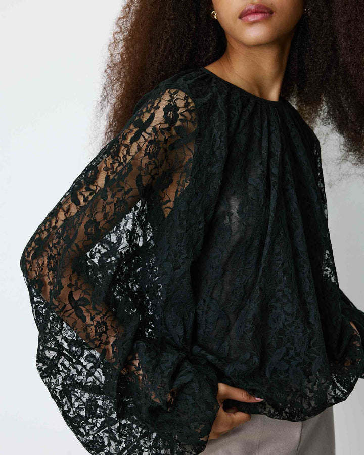 Blouse fluide en dentelle manches bouffantes noir Beth