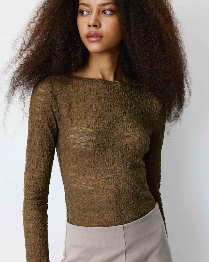 Body seconde peau en dentelle manches longues olive Bolero
