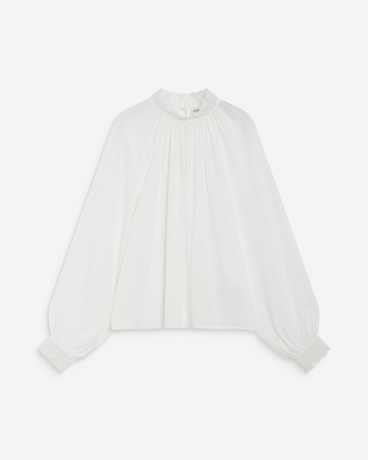 Blusa amplia plisada con cuello de encaje marfil Brietta