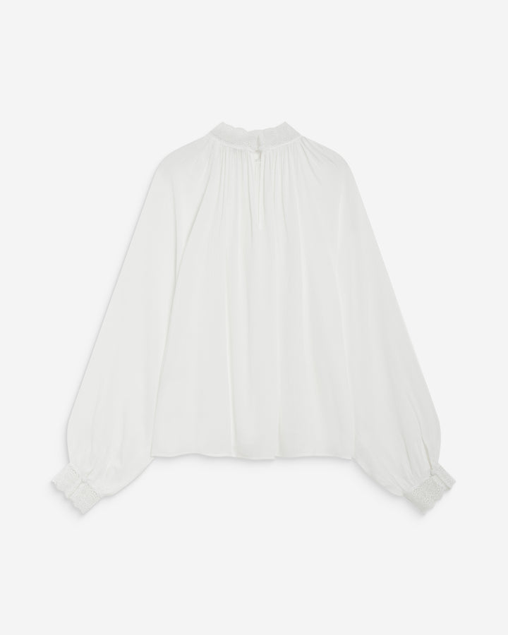 Blusa amplia plisada con cuello de encaje marfil Brietta