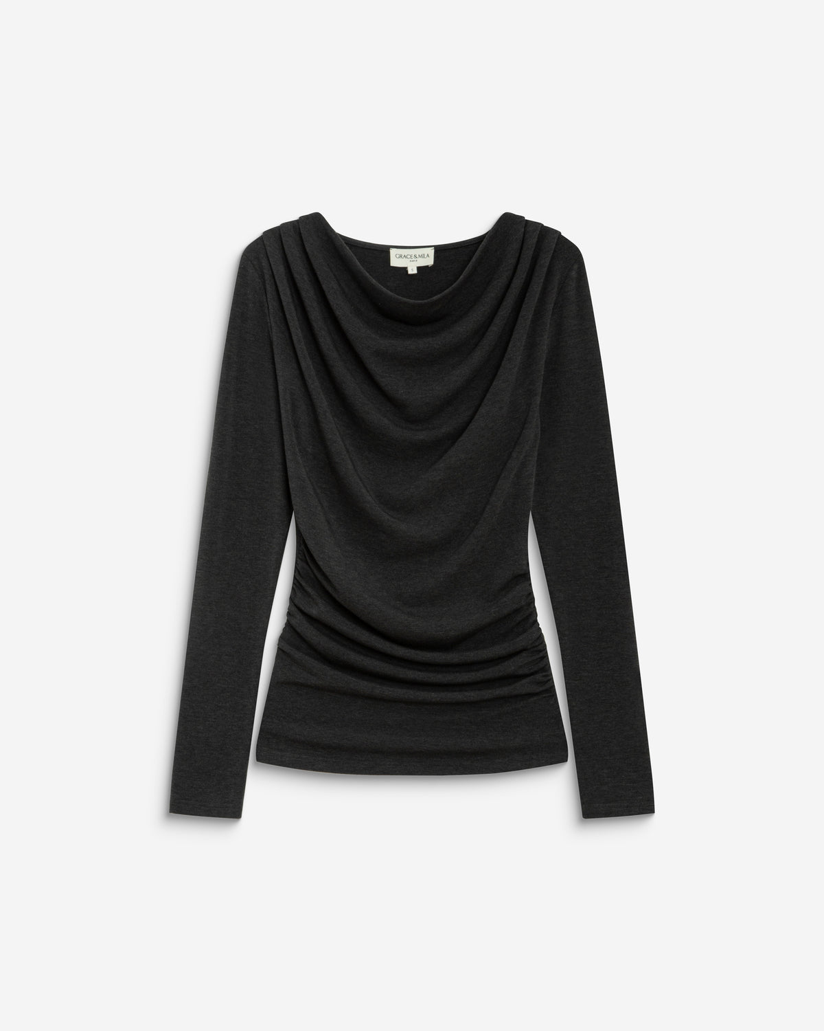 Top drapé manches longues col bénitier anthracite Biscotte