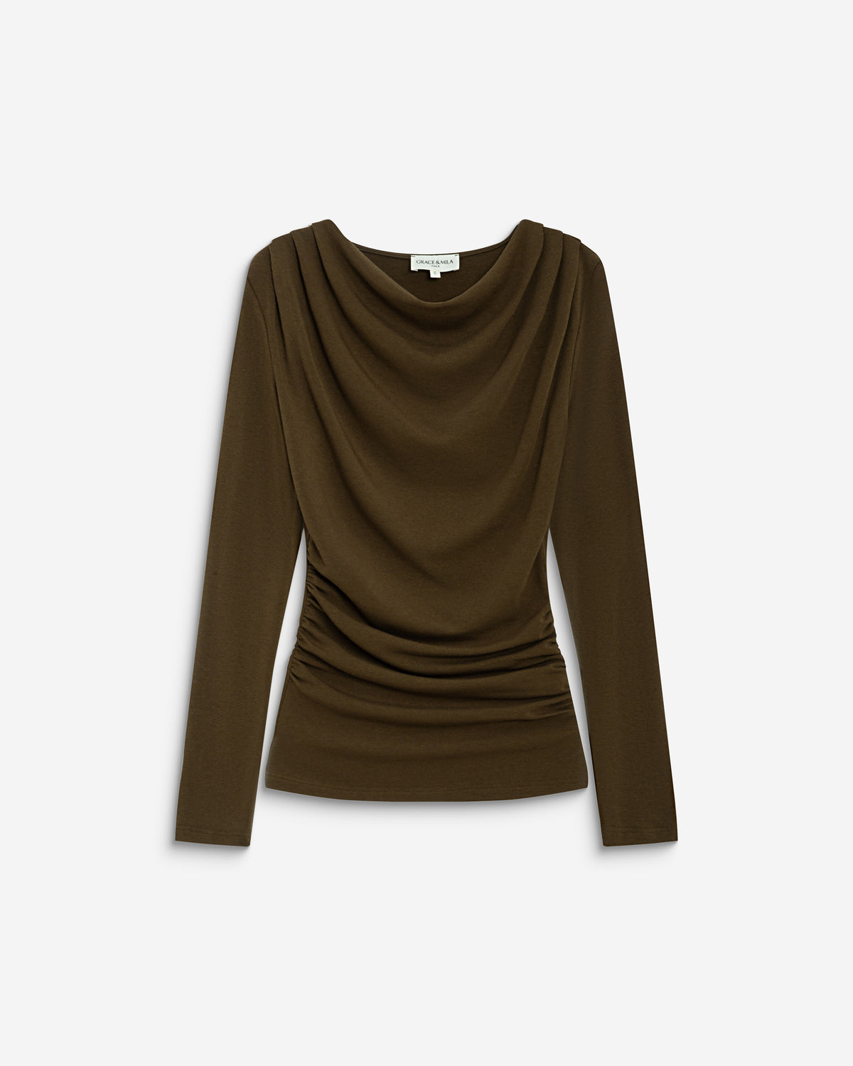 Top drapé manches longues col bénitier olive Biscotte