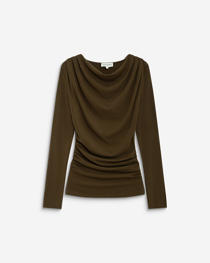 Top drapé manches longues col bénitier olive Biscotte