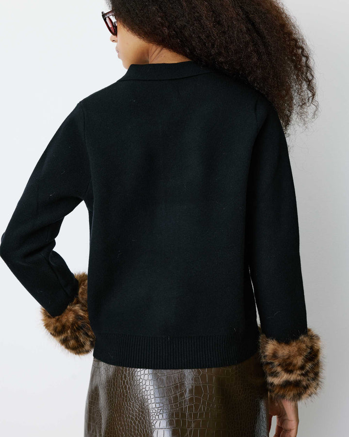 Knit cardigan with faux-fur cuffs noir Bambino