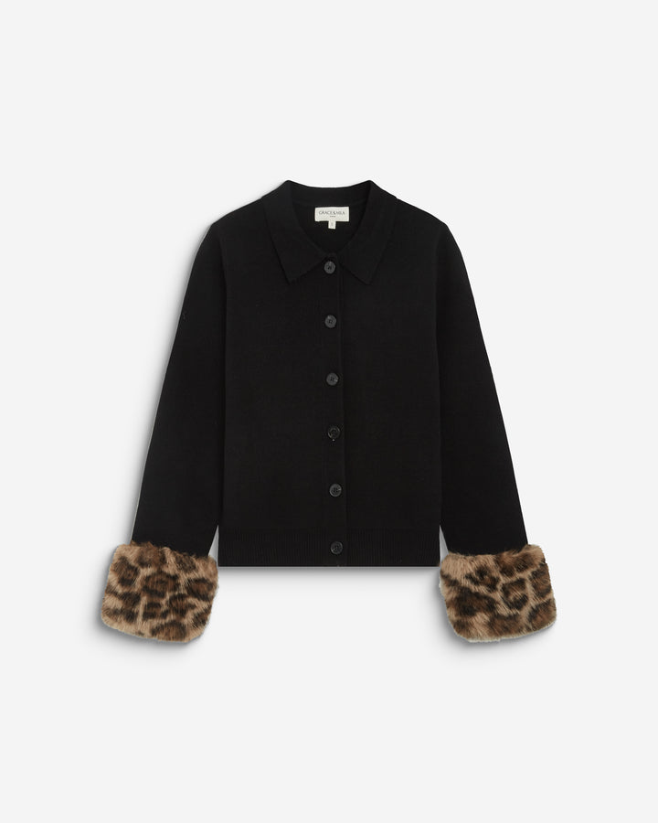 Knit cardigan with faux-fur cuffs noir Bambino