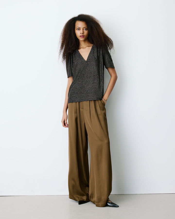Top col V en jersey lurex manches courtes gold Basilic