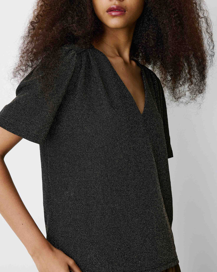 Top col V en jersey lurex manches courtes gold Basilic