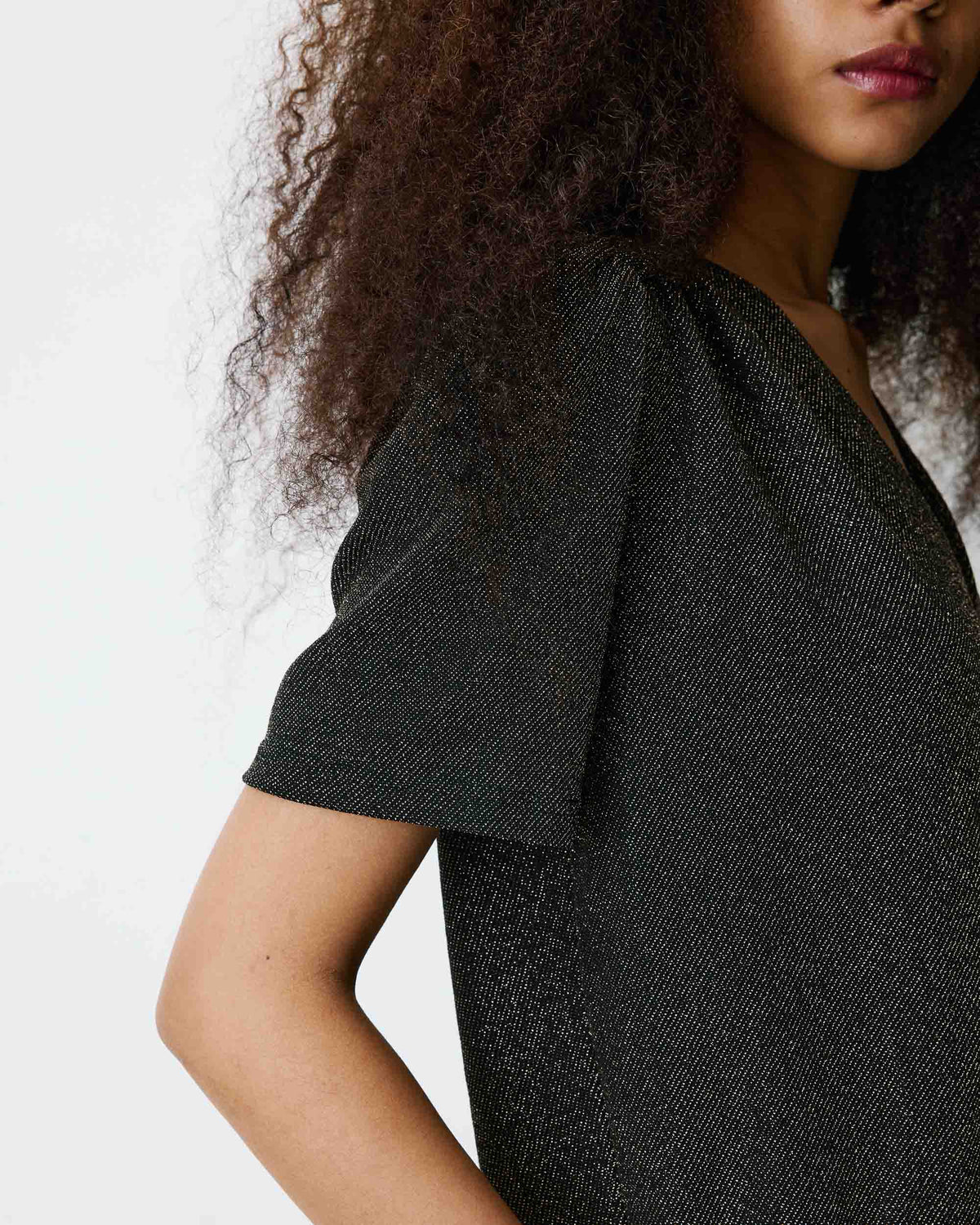 Top col V en jersey lurex manches courtes gold Basilic