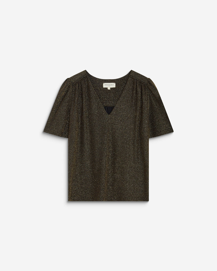 Top col V en jersey lurex manches courtes gold Basilic