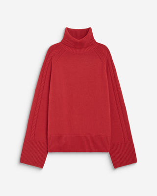 Pull oversize col roulé en maille torsadée rouge Bastille
