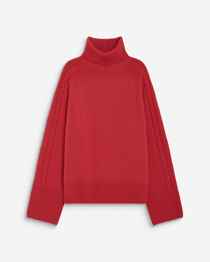 Pull oversize col roulé en maille torsadée rouge Bastille