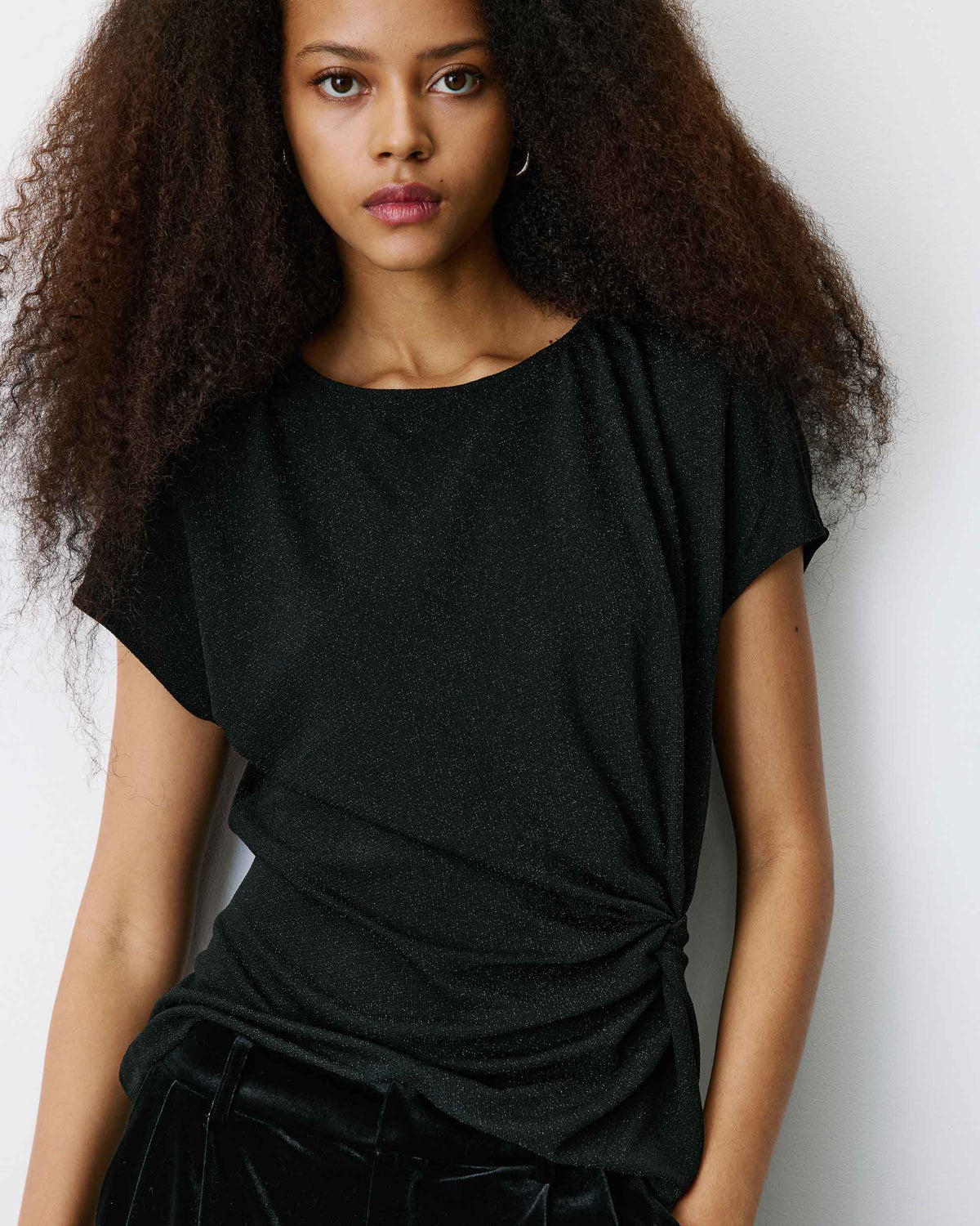 T-shirt drapé en jersey lurex manches courtes noir Baly