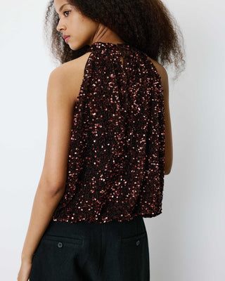 Top ballon encolure américaine en sequins chocolat Becky