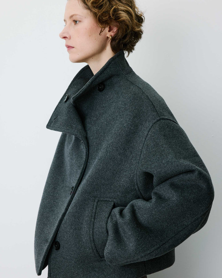 Manteau court col cheminée en laine mélangée anthracite Blanca