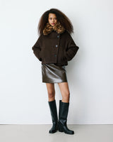 Wool-blend short coat with high collar chocolat Blanca