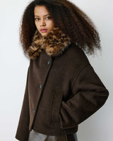 Wool-blend short coat with high collar chocolat Blanca