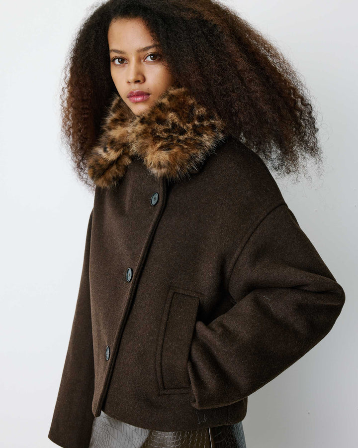 Wool-blend short coat with high collar chocolat Blanca