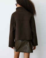 Wool-blend short coat with high collar chocolat Blanca